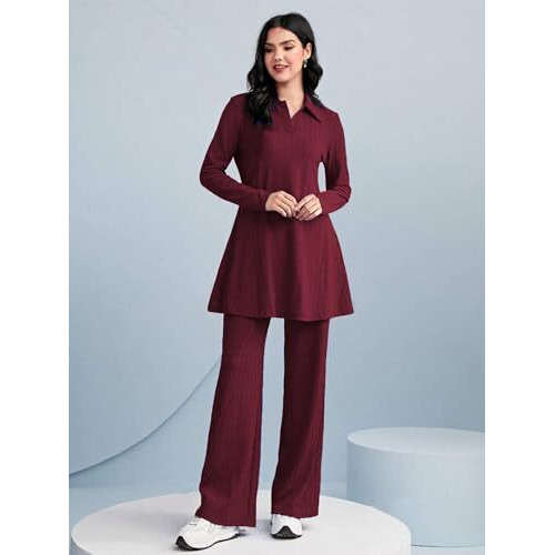 TADKEE Women's Solid Color Two-Piece Set | Long Sleeve Top & Wide Leg Pants Co-ord Set | Casual Wear Co ord Set (FN-Full-Sleeve-Cord-125-Maroon-L)
