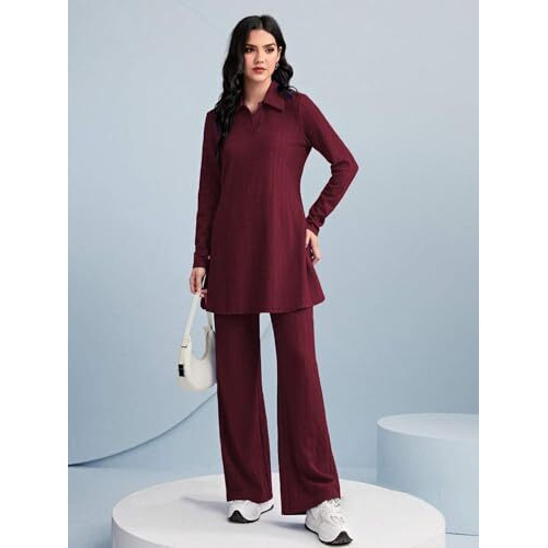 TADKEE Women's Solid Color Two-Piece Set | Long Sleeve Top & Wide Leg Pants Co-ord Set | Casual Wear Co ord Set (FN-Full-Sleeve-Cord-125-Maroon-L)