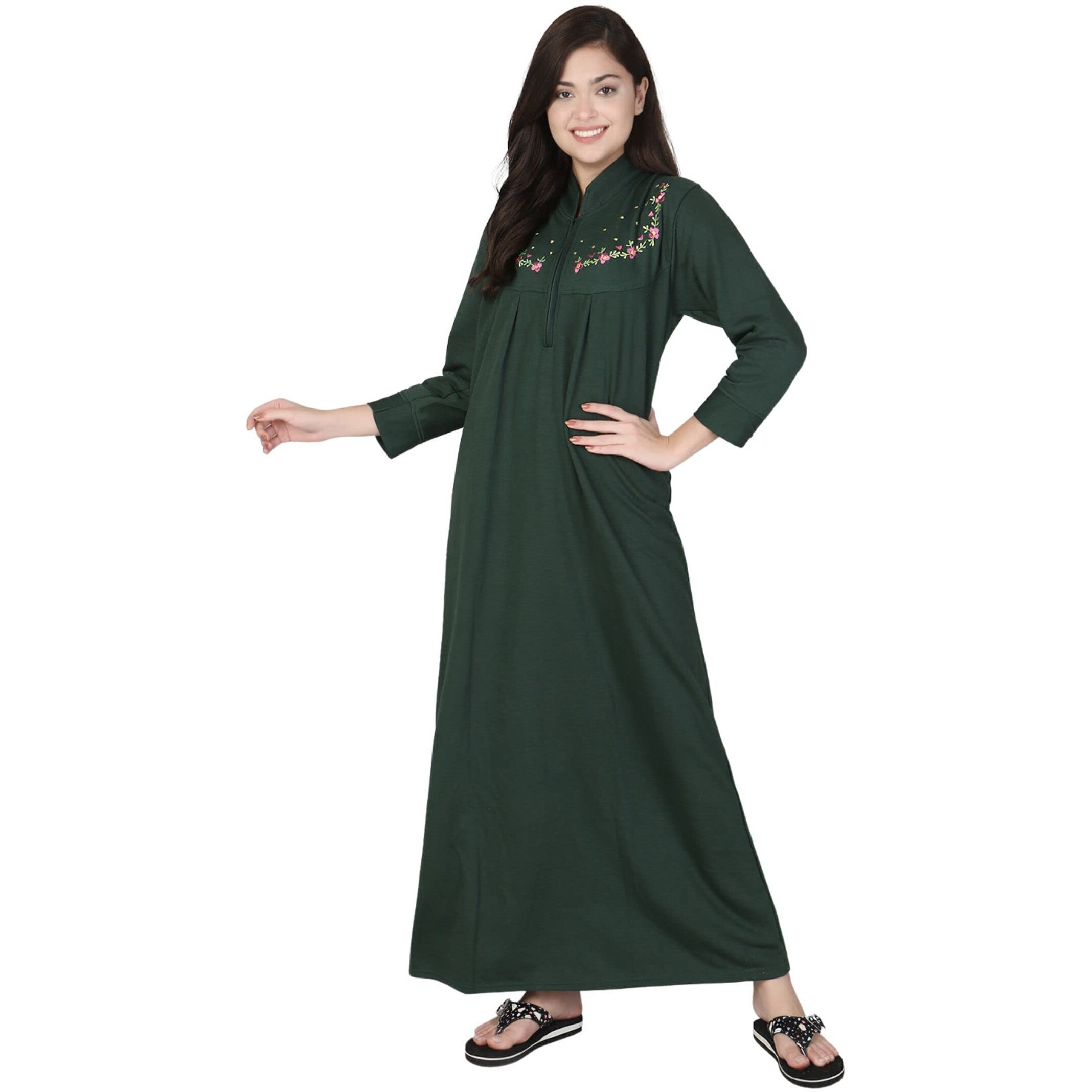 Glossia Fashion Dark Green Solid Embroidered Warm Fleece Fabric Women Maxi Woolen Nighty/Night Gown(Free Size WNTY-D18-DGR)