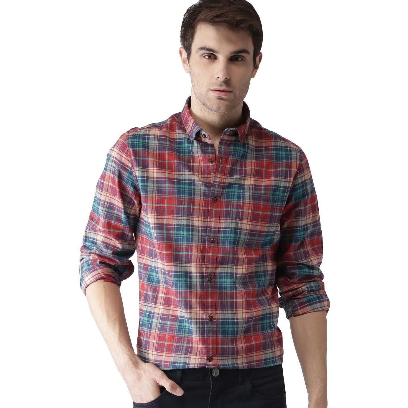 IndoPrimo Men's Cotton Casual Regular Fit Small Checks Shirt with Pocket for Men Long Sleeves - BMW (Medium, Red)