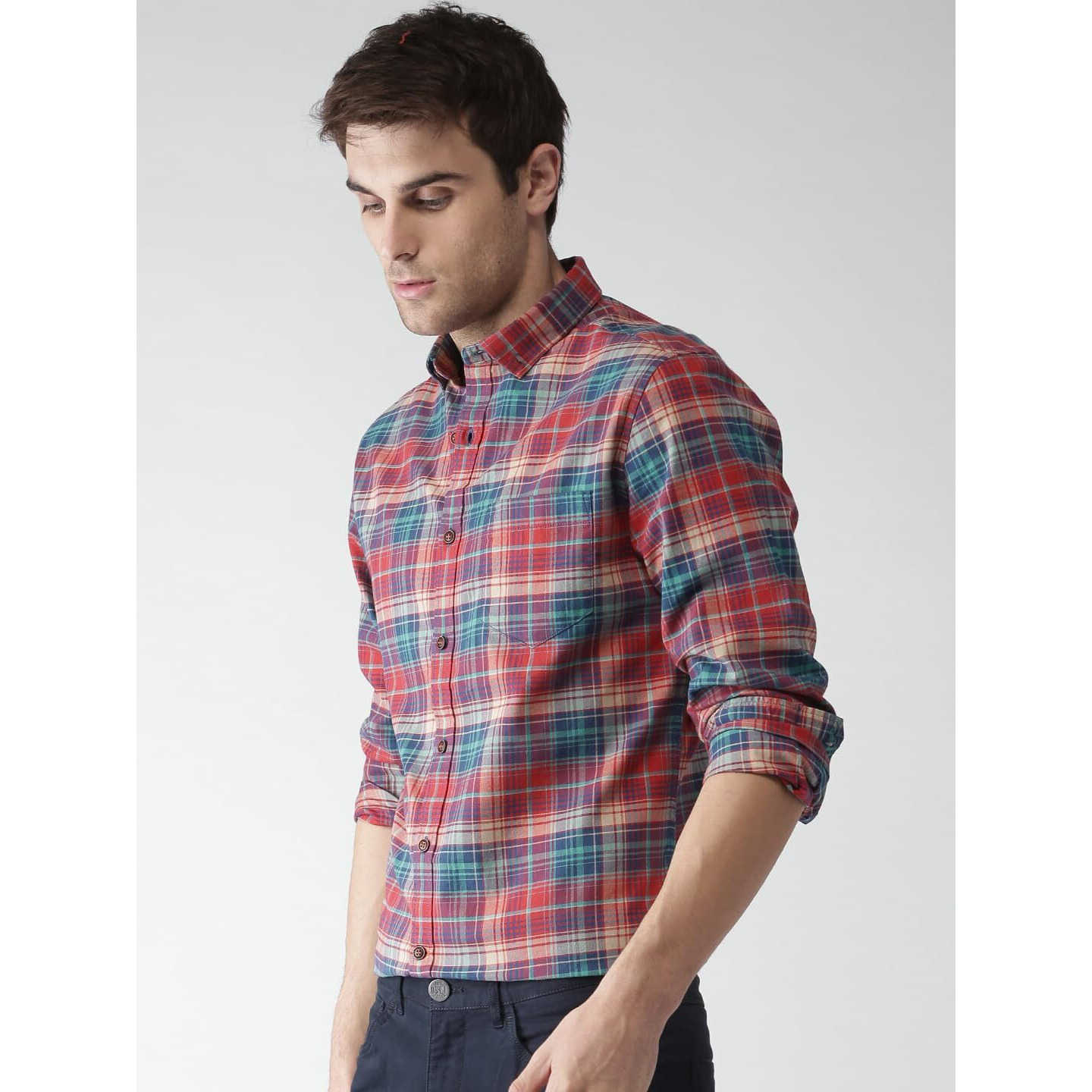 IndoPrimo Men's Cotton Casual Regular Fit Small Checks Shirt with Pocket for Men Long Sleeves - BMW (Medium, Red)