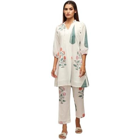 Leriya Fashion Casual Standard Length Rayon Floral Ethnic Co-ord Kurta Set for Women (Available in 2XL and 3XL) (LF-W1964&TR979_White_L)
