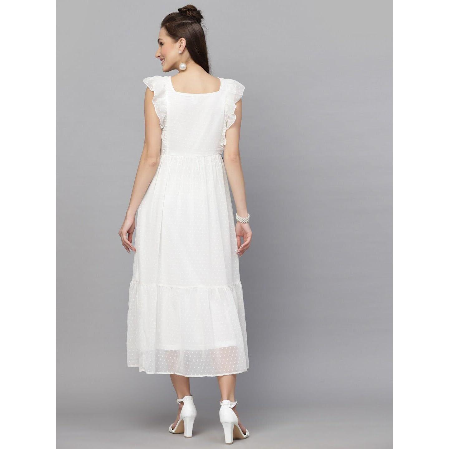 Sugathari Georgette Jacquard Butti White Square Neck Knee Length Western Dresses for Women (Dress2 89 White L)