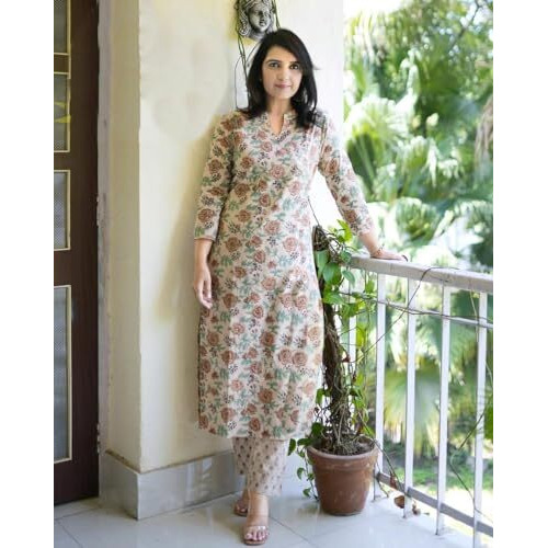 ANNI DESIGNER Women's Cotton Blend Straight Printed Kurta with Pant (Wide Cream_M_Cream_Medium)