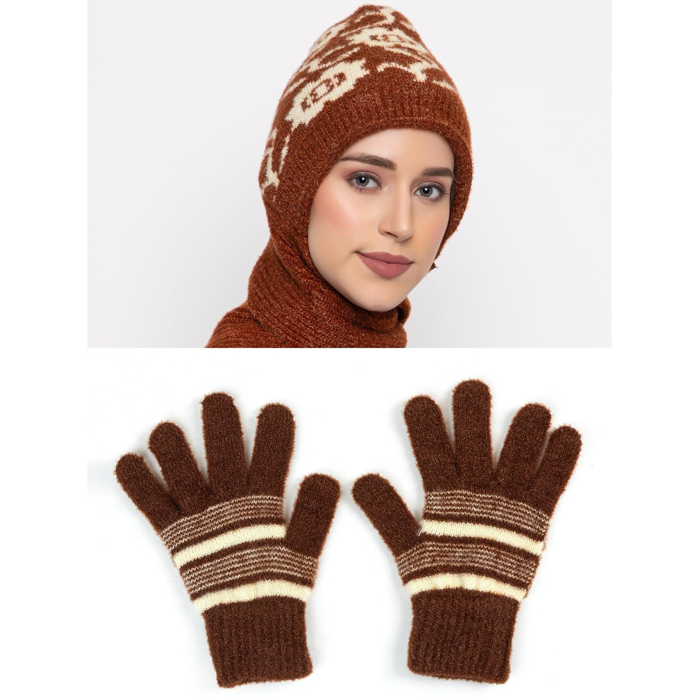 AMOLDO Women's Soft Knitted Winter Warm Woolen Cap with Woolen Lovely Muffler|Fur Cap with Muffler (Brown with Gloves)