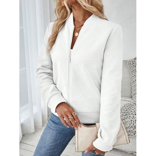 Shasmi Women's White Polyester Solid Color Long Sleeve Zip Up Bomber Casual Baseball Spring & Autumn Solid Texture Baseball Collar Jacket (JW 150 White L)
