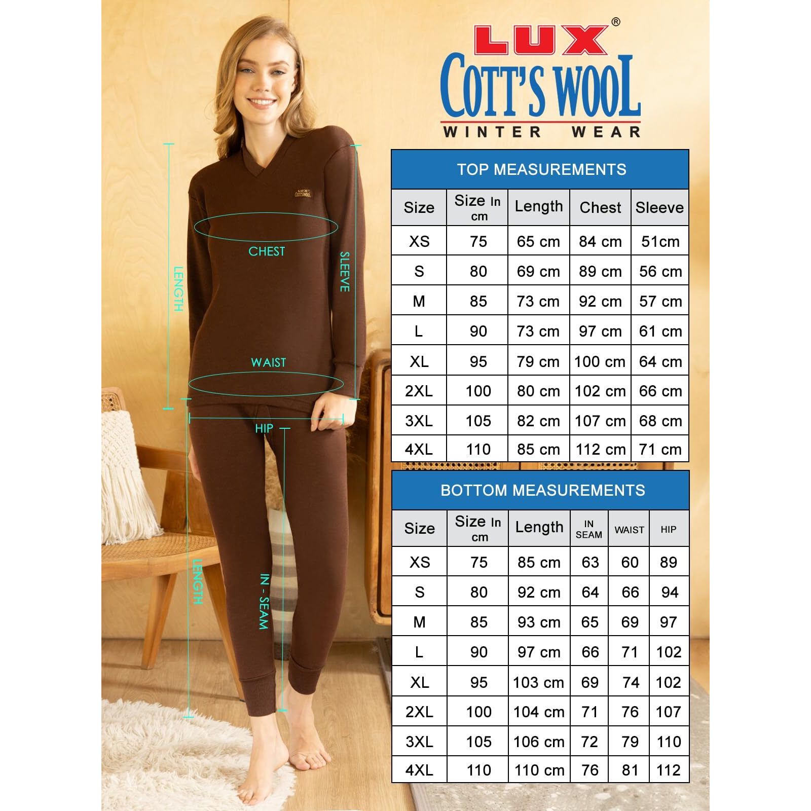 Lux Cottswool Womens Brown V Neck Full Sleeves Upper and Lower Thermal Set - Pack of 1 (Size  80cm)