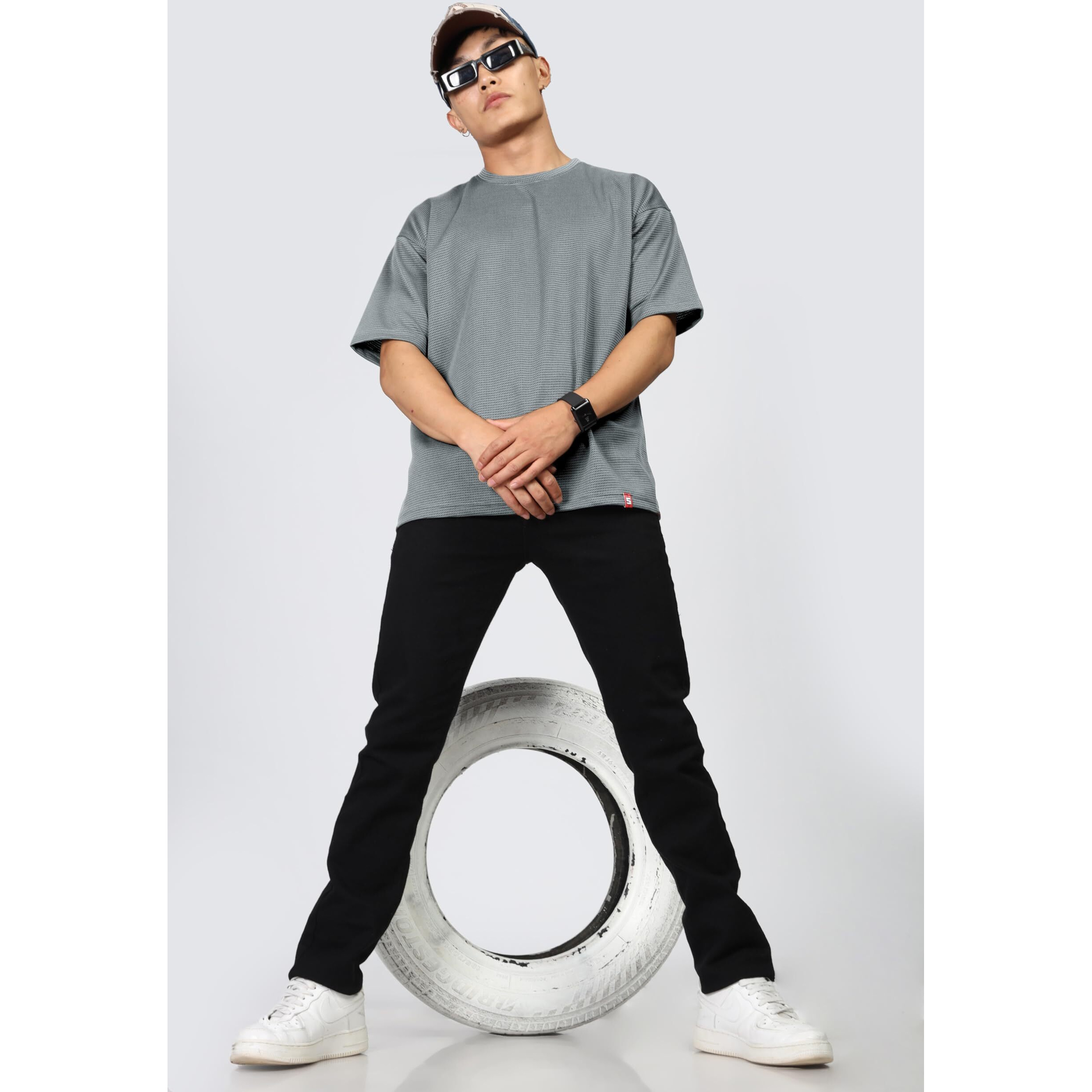 SHODOX Mens Solid Dotted Unique Design Oversized Tshirt for Men - Round Neck Loose Fit Drop Shoulder Mens T-Shirt Grey