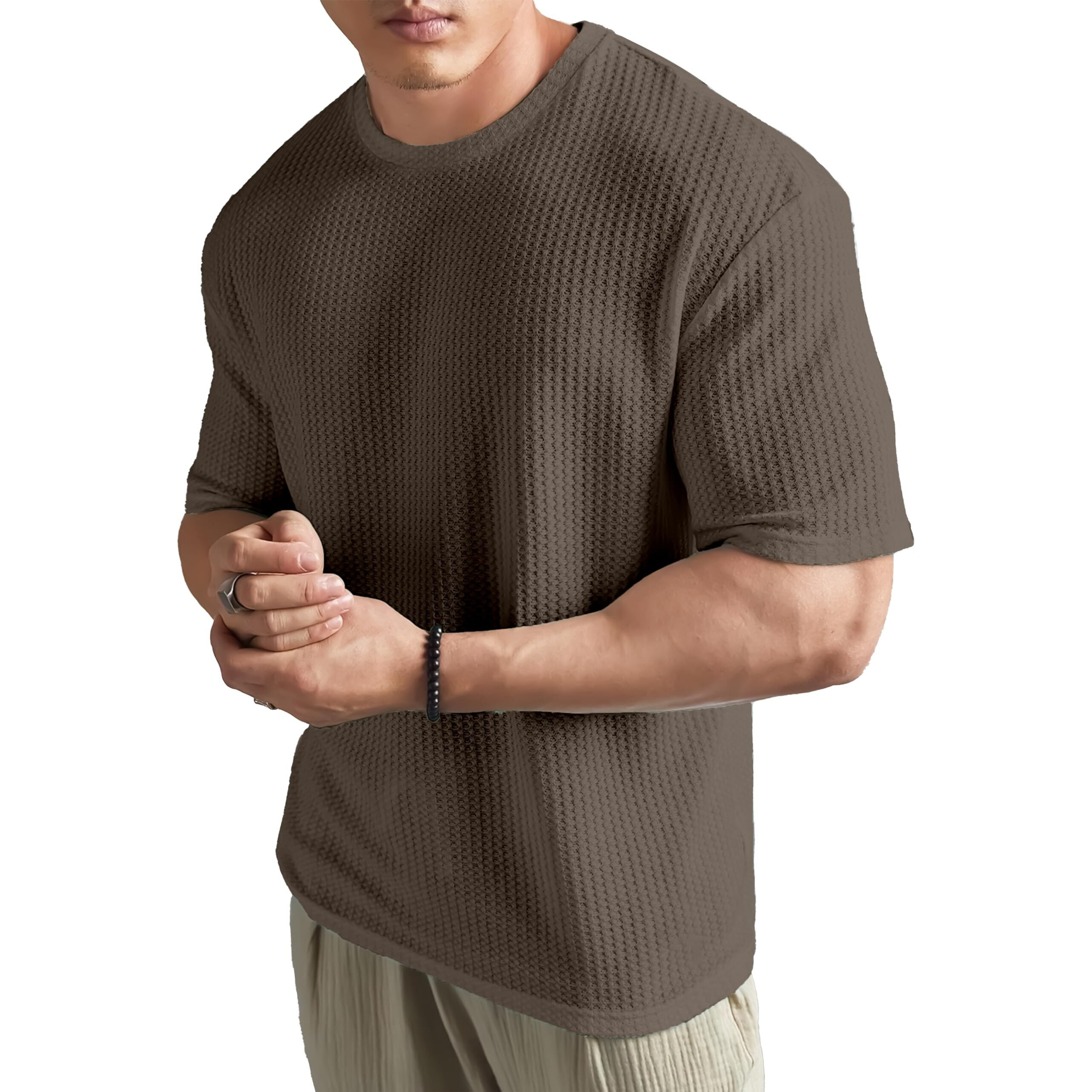 SHODOX Mens Solid Dotted Unique Design Oversized Tshirt for Men - Round Neck Loose Fit Drop Shoulder Mens T-Shirt Coffee Brown