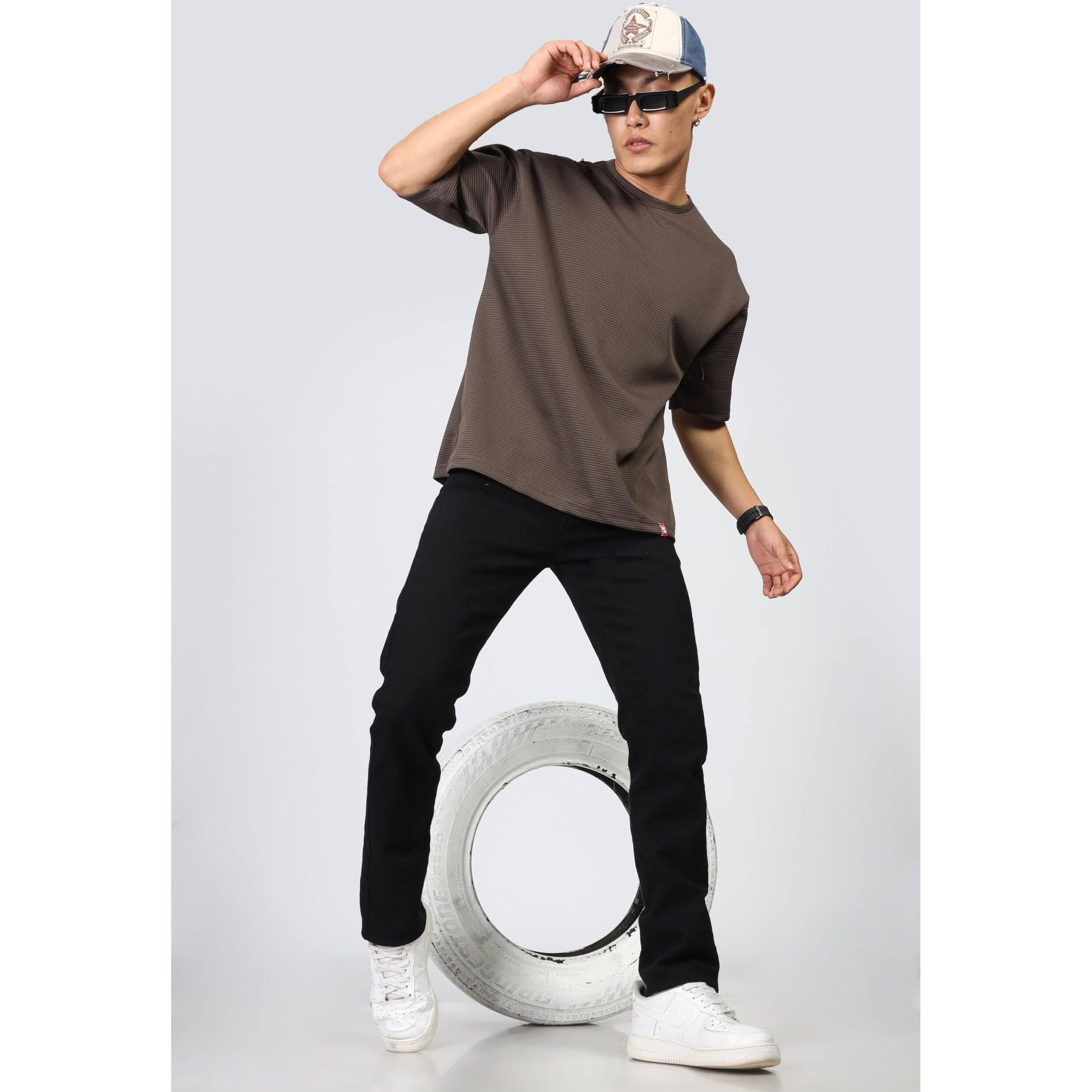 SHODOX Mens Solid Dotted Unique Design Oversized Tshirt for Men - Round Neck Loose Fit Drop Shoulder Mens T-Shirt Coffee Brown