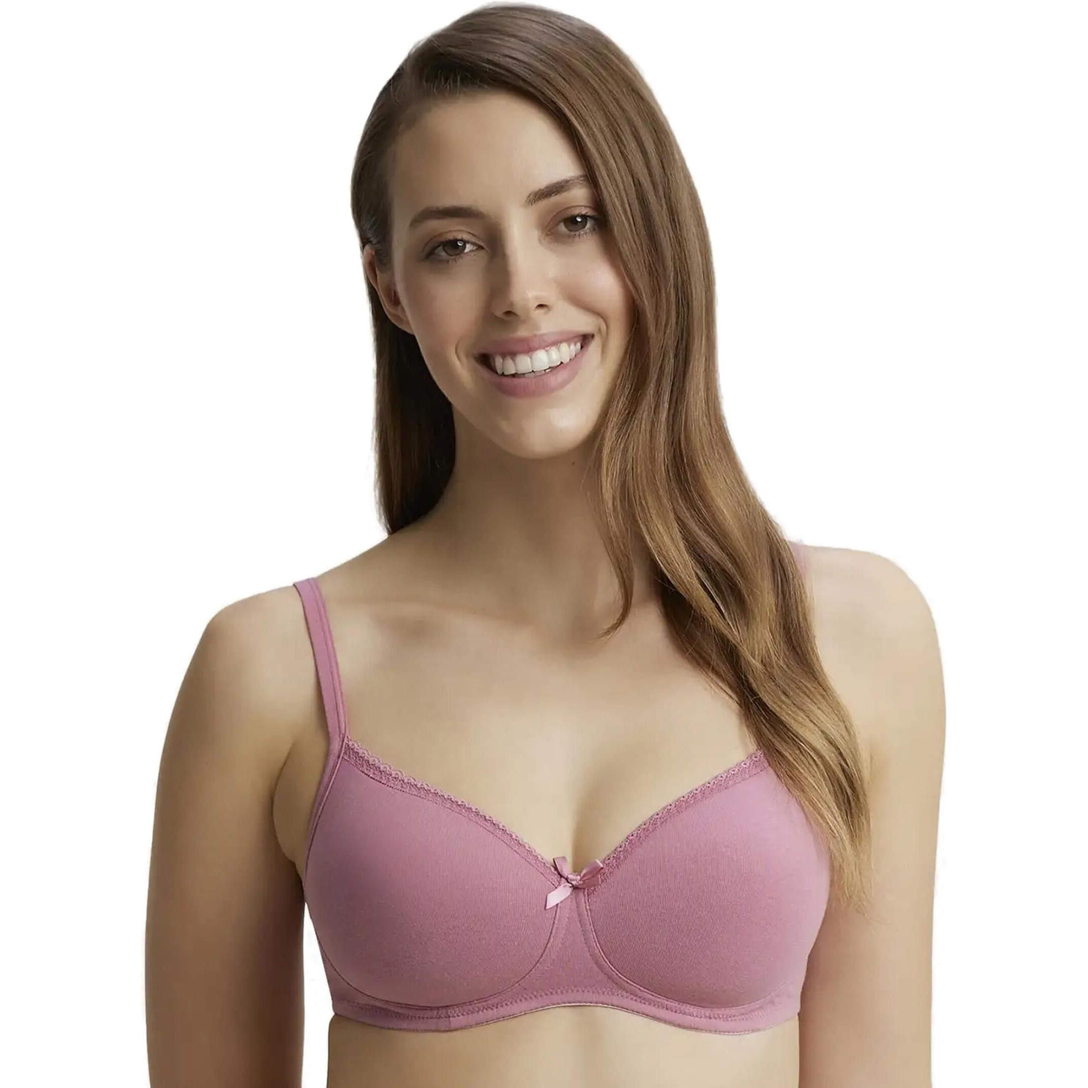 Jockey 1723 Women's Wirefree Padded Super Combed Cotton Elastane Stretch Medium Coverage Lace Styling T-Shirt Bra with Adjustable Straps_Heather Rose_34B