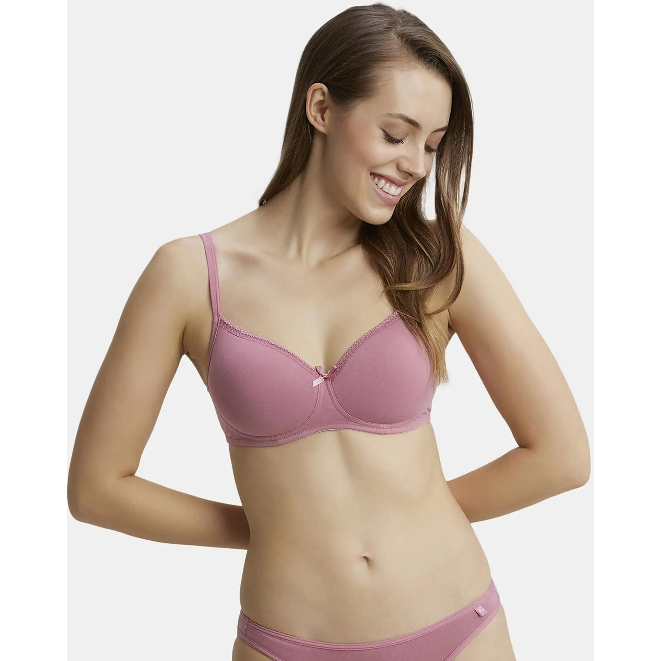 Jockey 1723 Women's Wirefree Padded Super Combed Cotton Elastane Stretch Medium Coverage Lace Styling T-Shirt Bra with Adjustable Straps_Heather Rose_34B