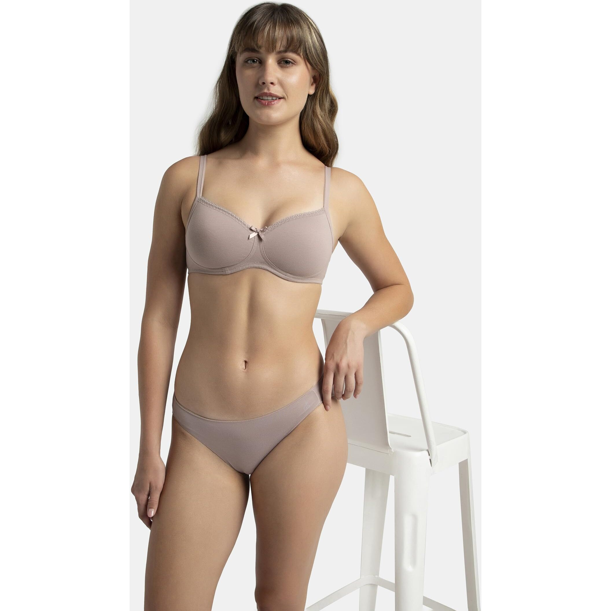 Jockey 1723 Women's Wirefree Padded Super Combed Cotton Elastane Stretch Medium Coverage Lace Styling T-Shirt Bra with Adjustable Straps_Mocha_34C