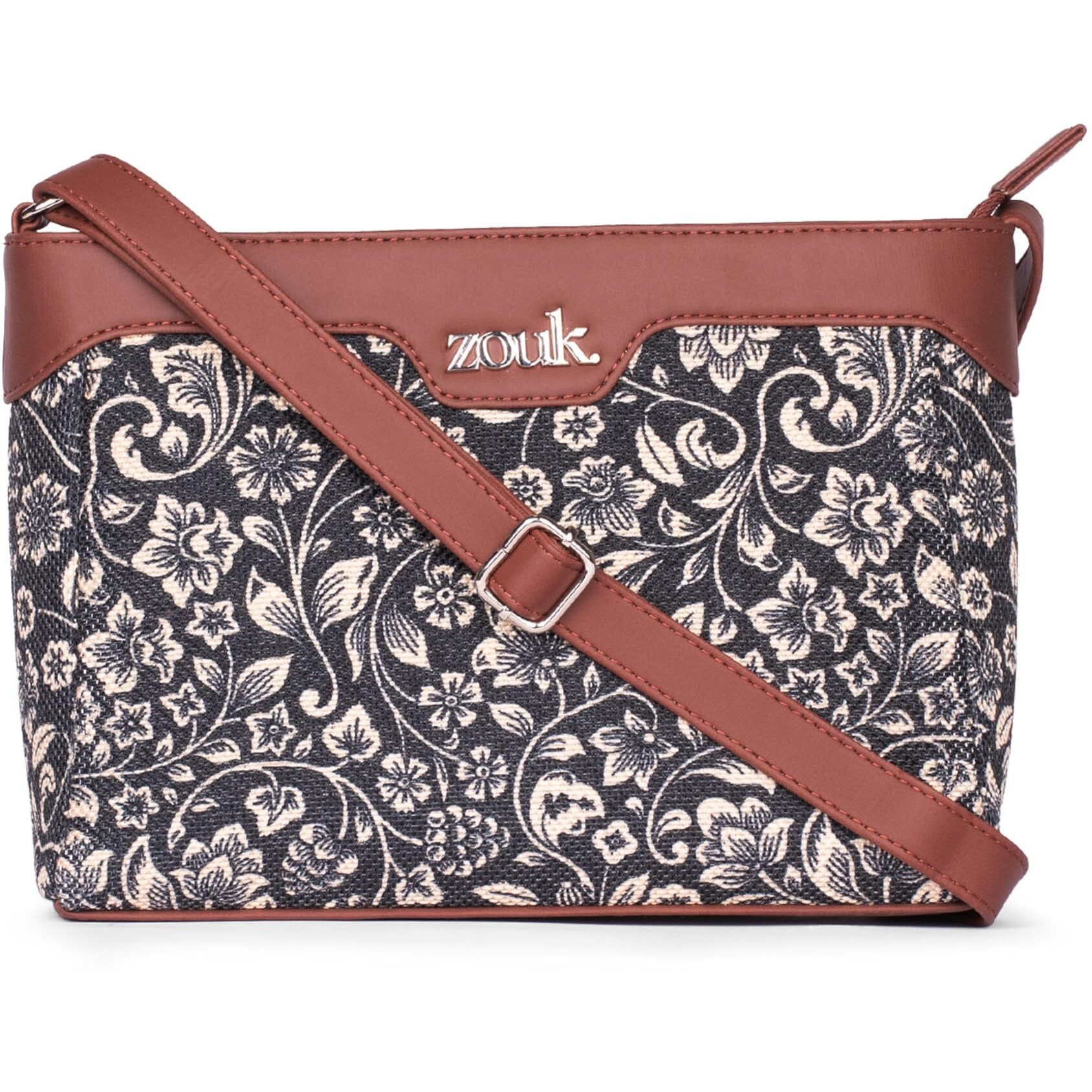 ZOUK FloMotif Floral Printed Vegan Leather Black Harmony Sling Bag With Adjustable Strap For Women's Girls