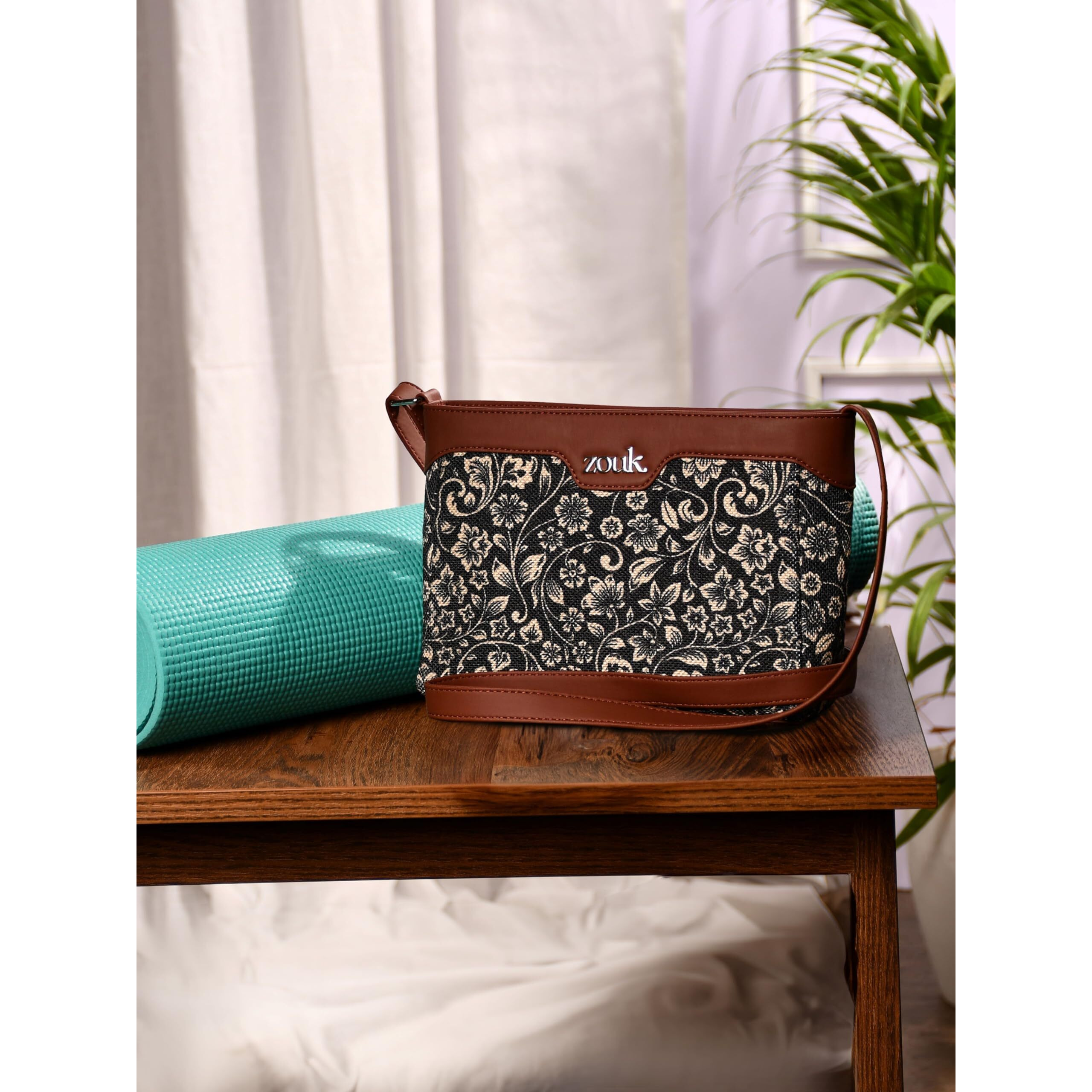 ZOUK FloMotif Floral Printed Vegan Leather Black Harmony Sling Bag With Adjustable Strap For Women's Girls