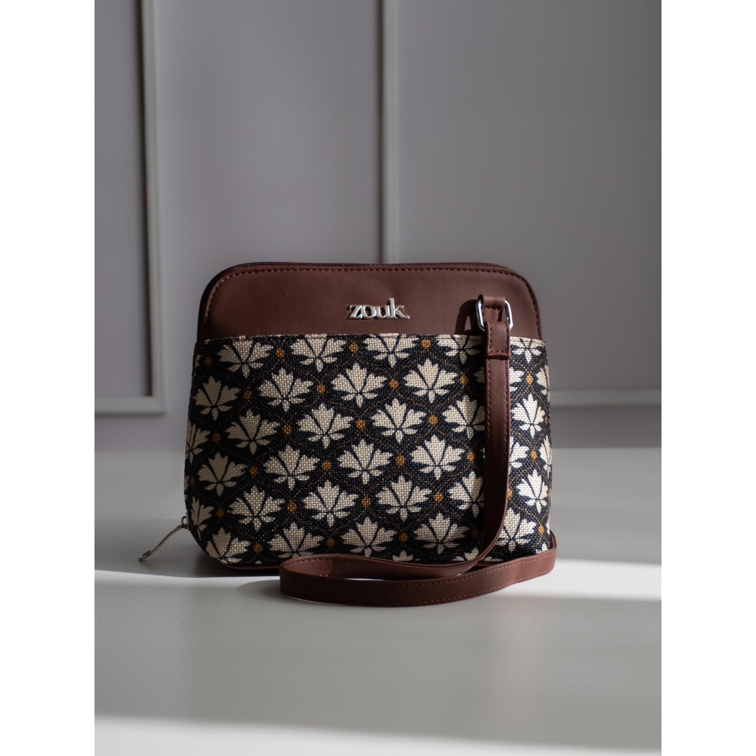 ZOUK Bidri Kaiser Motif Printed Vegan Leather Black and White Out Of Office Sling Bag With Adjustable Strap For Women's Girls