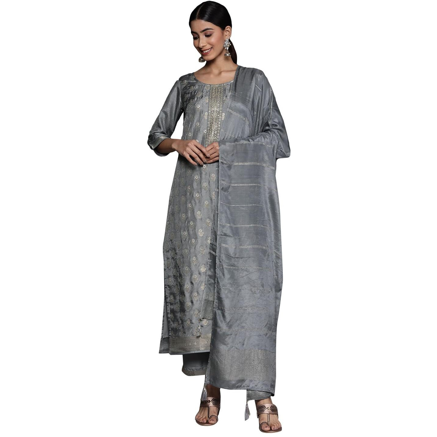 Libas Grey Self Design Silk Blend Straight Kurta With Trousers & Dupatta