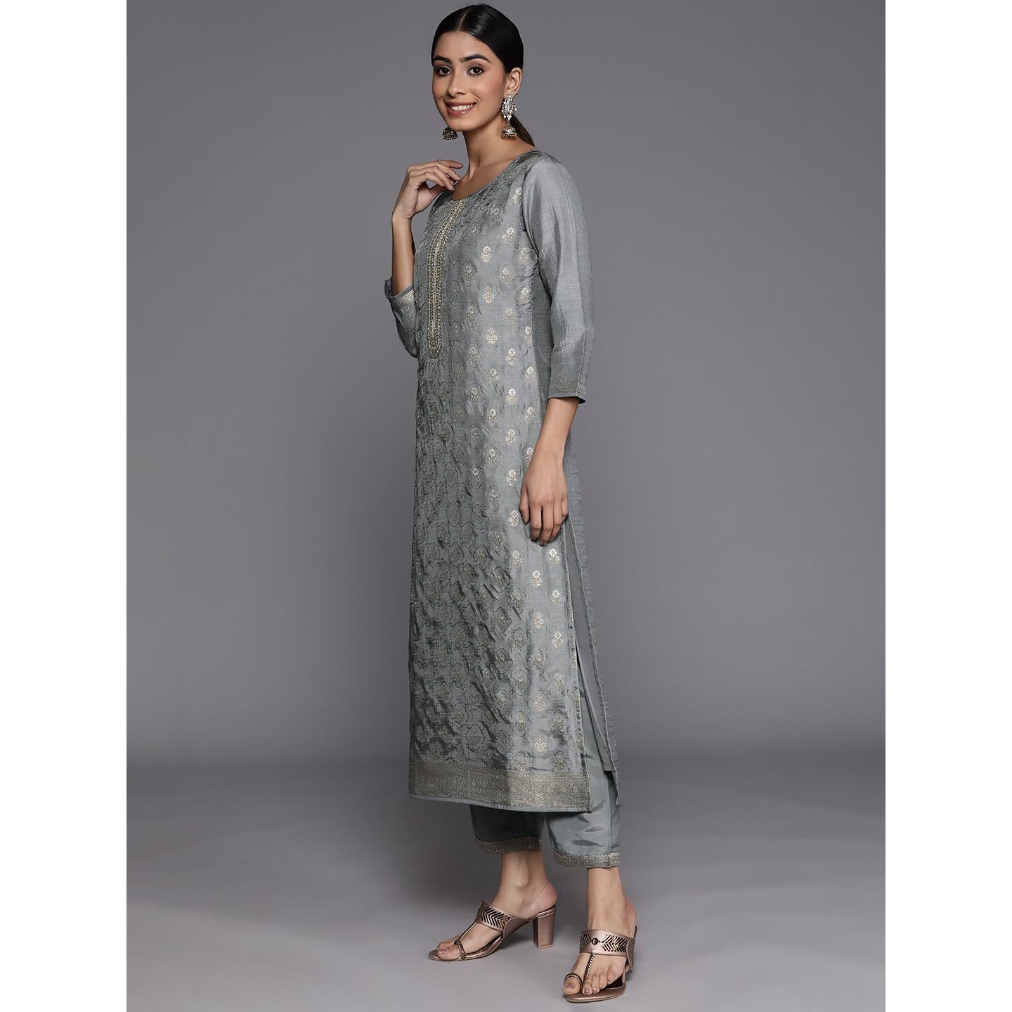 Libas Grey Self Design Silk Blend Straight Kurta With Trousers & Dupatta