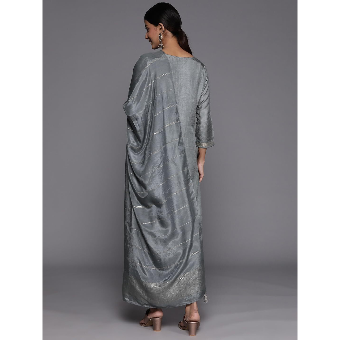 Libas Grey Self Design Silk Blend Straight Kurta With Trousers & Dupatta