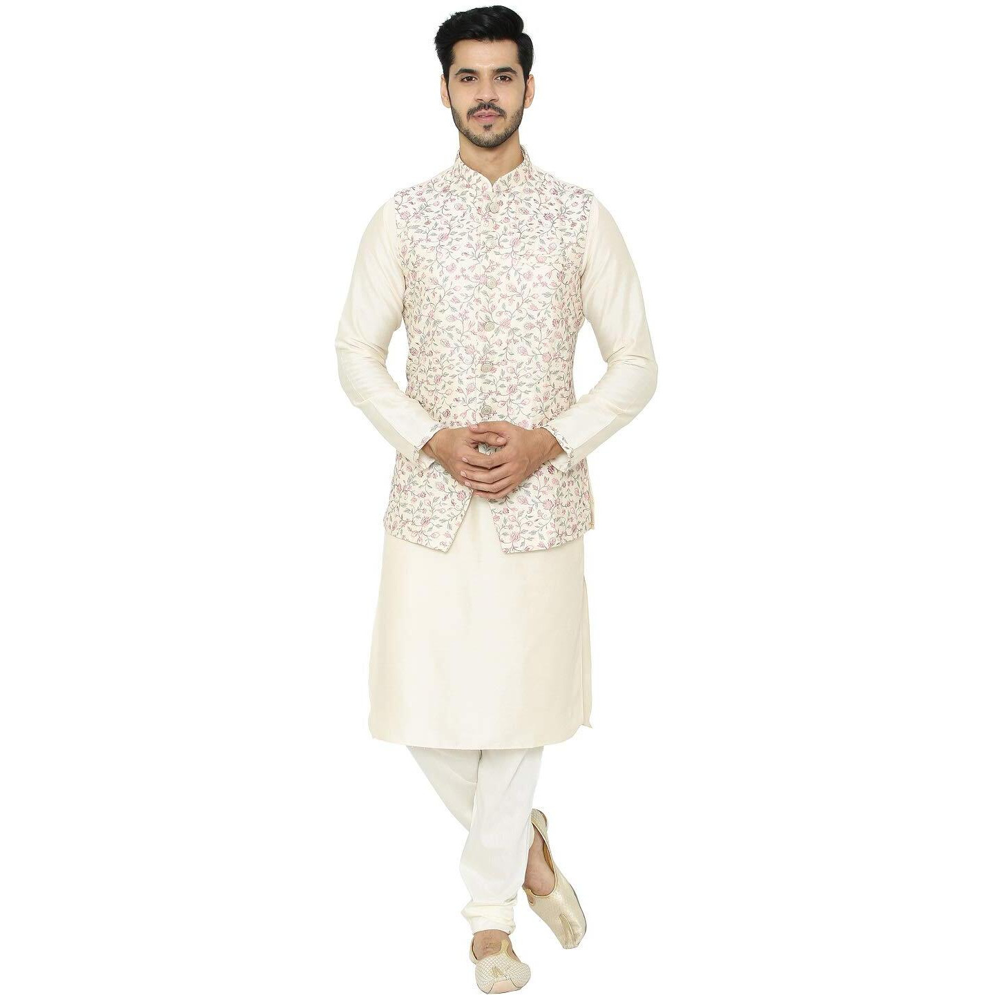 Manyavar Men's Silk Blend Other Kurta Pyjama with Waist Coat (JAST158_Cream_XL)