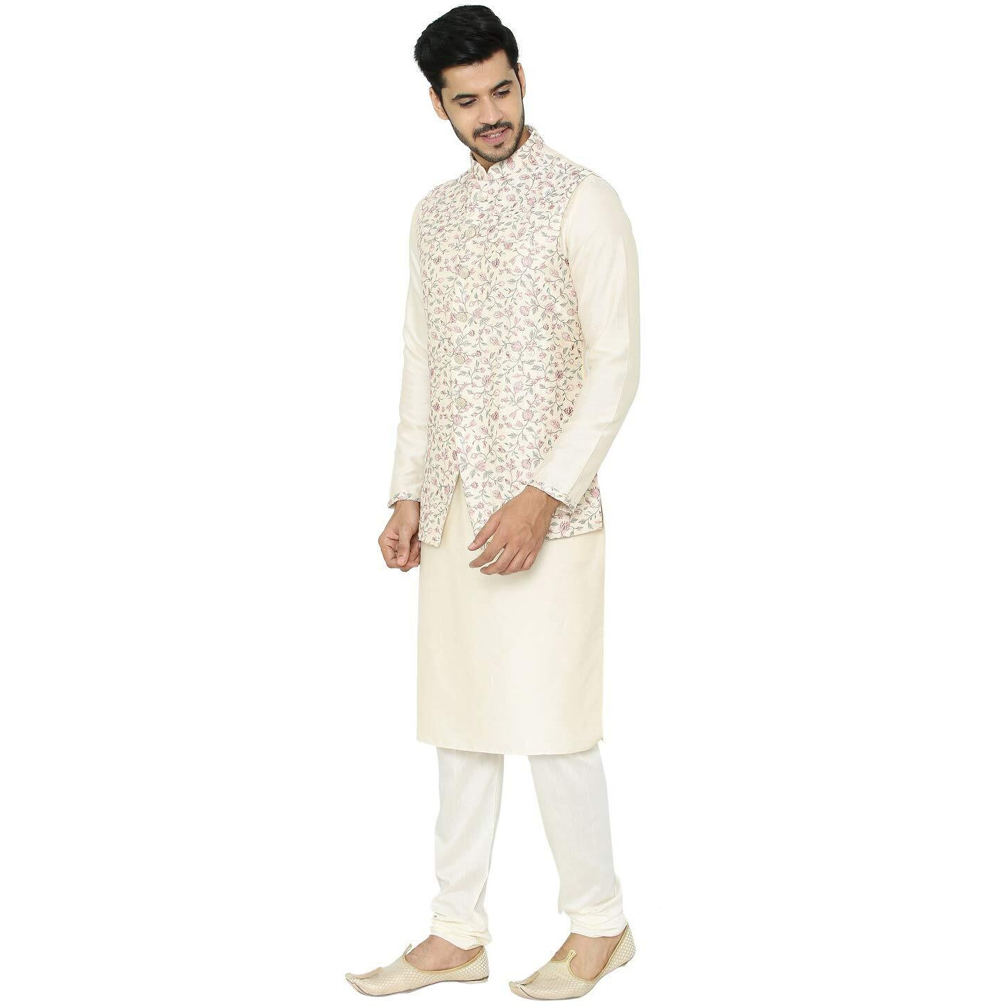 Manyavar Men's Silk Blend Other Kurta Pyjama with Waist Coat (JAST158_Cream_XL)