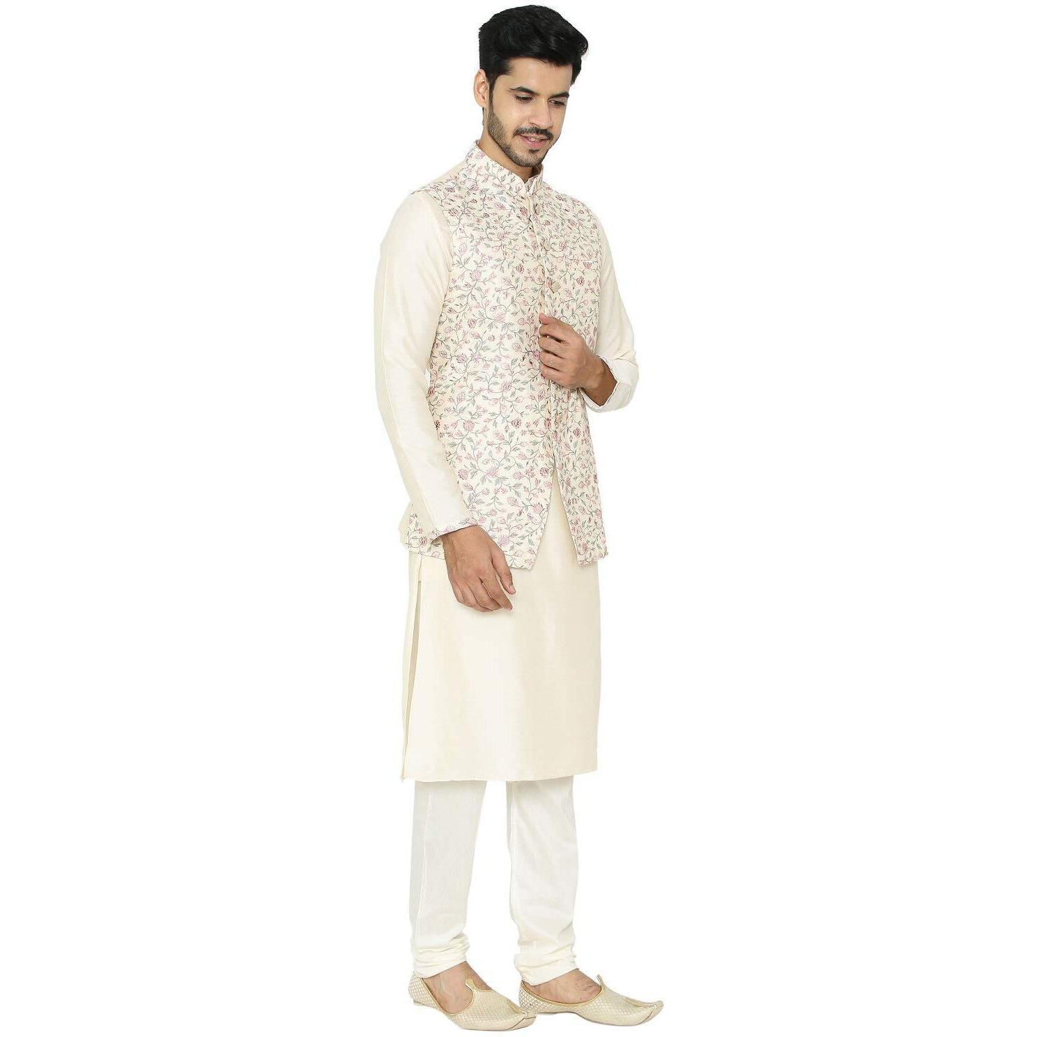 Manyavar Men's Silk Blend Other Kurta Pyjama with Waist Coat (JAST158_Cream_XL)
