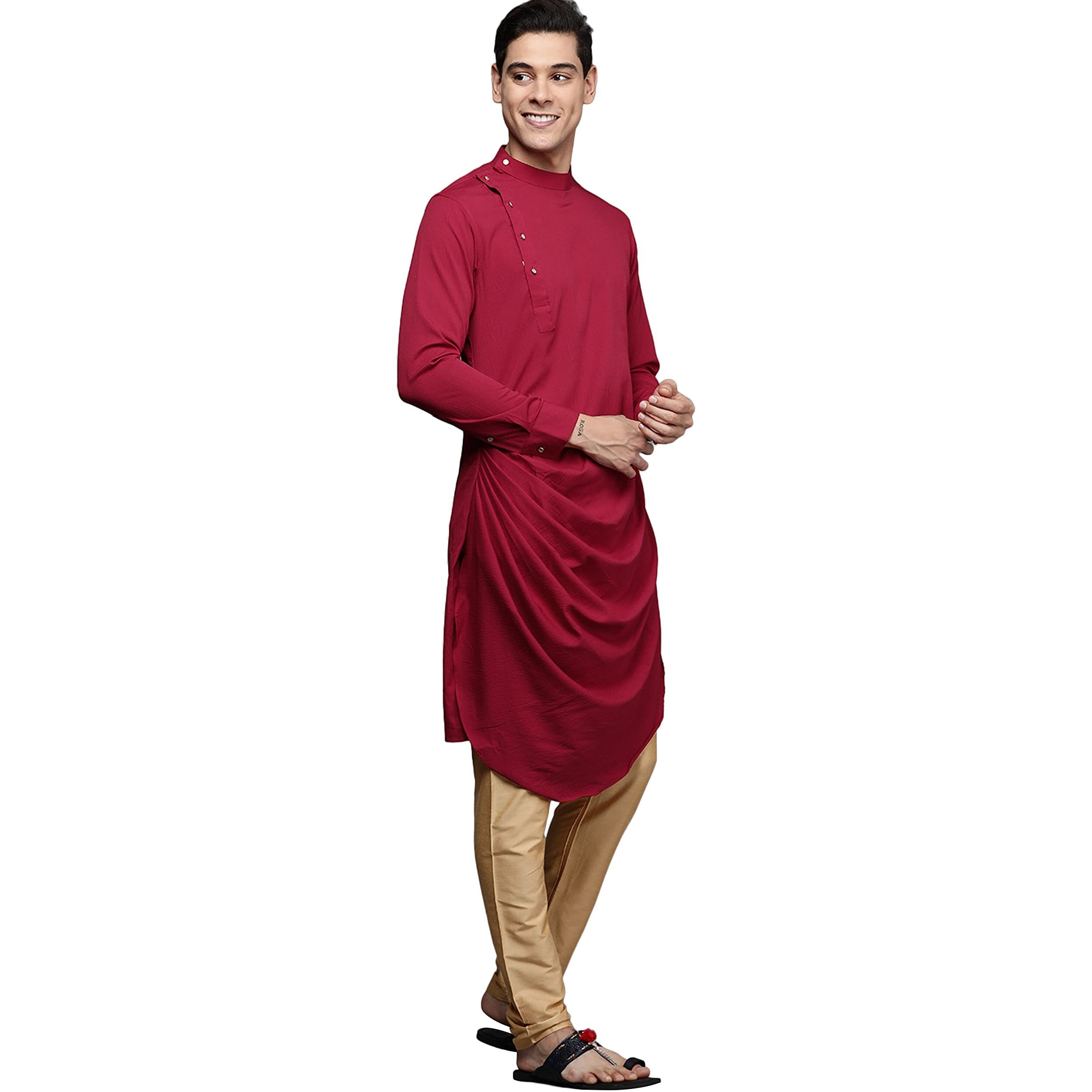 Manyavar Kurta Jacket Set for Men, Full Sleeves Mandarin Collar Ethnic Kurta Jacket Set for Festival, Wedding, Party Spandex (Red) (L)