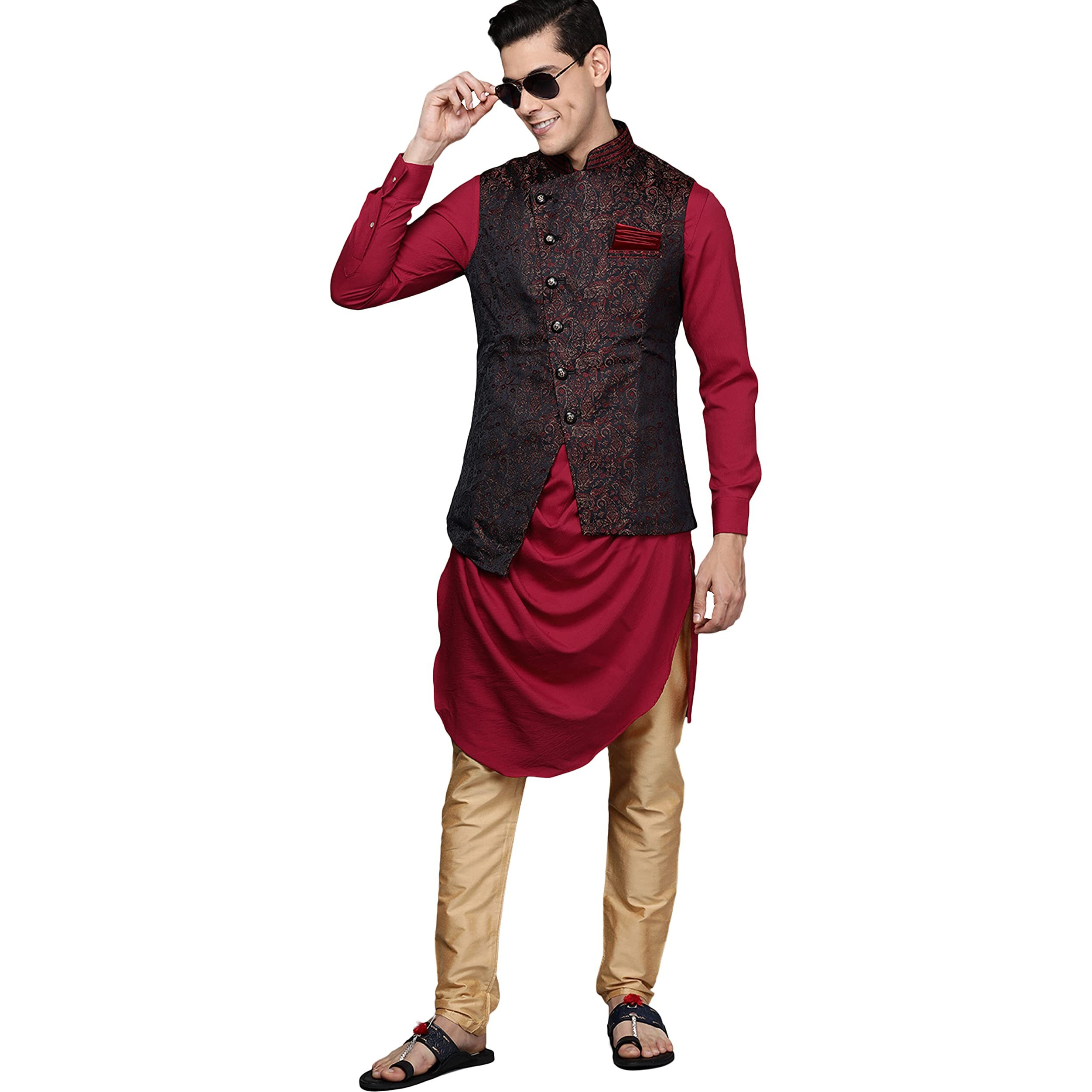Manyavar Kurta Jacket Set for Men, Full Sleeves Mandarin Collar Ethnic Kurta Jacket Set for Festival, Wedding, Party Spandex (Red) (L)