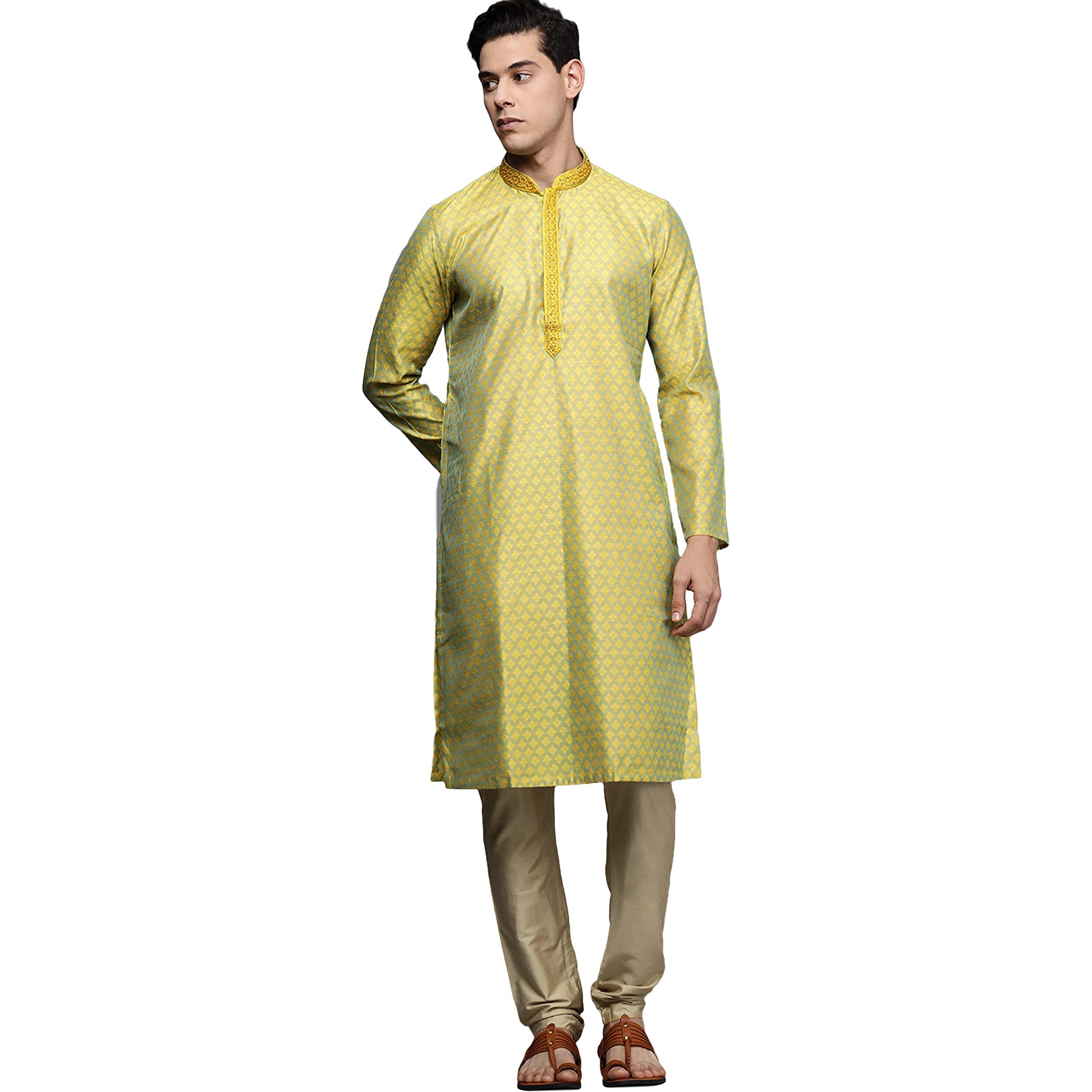 Manyavar Kurta Set for Men, Full Sleeves Mandarin Collar Ethnic Kurta Set For Diwali, Wedding, Party Art Silk (Green, L)