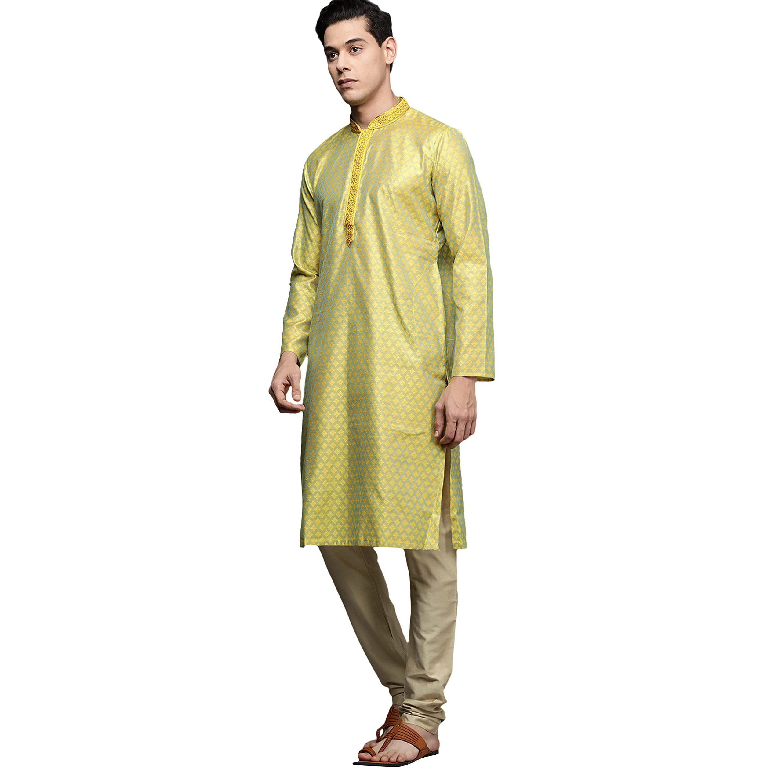 Manyavar Kurta Set for Men, Full Sleeves Mandarin Collar Ethnic Kurta Set For Diwali, Wedding, Party Art Silk (Green, L)