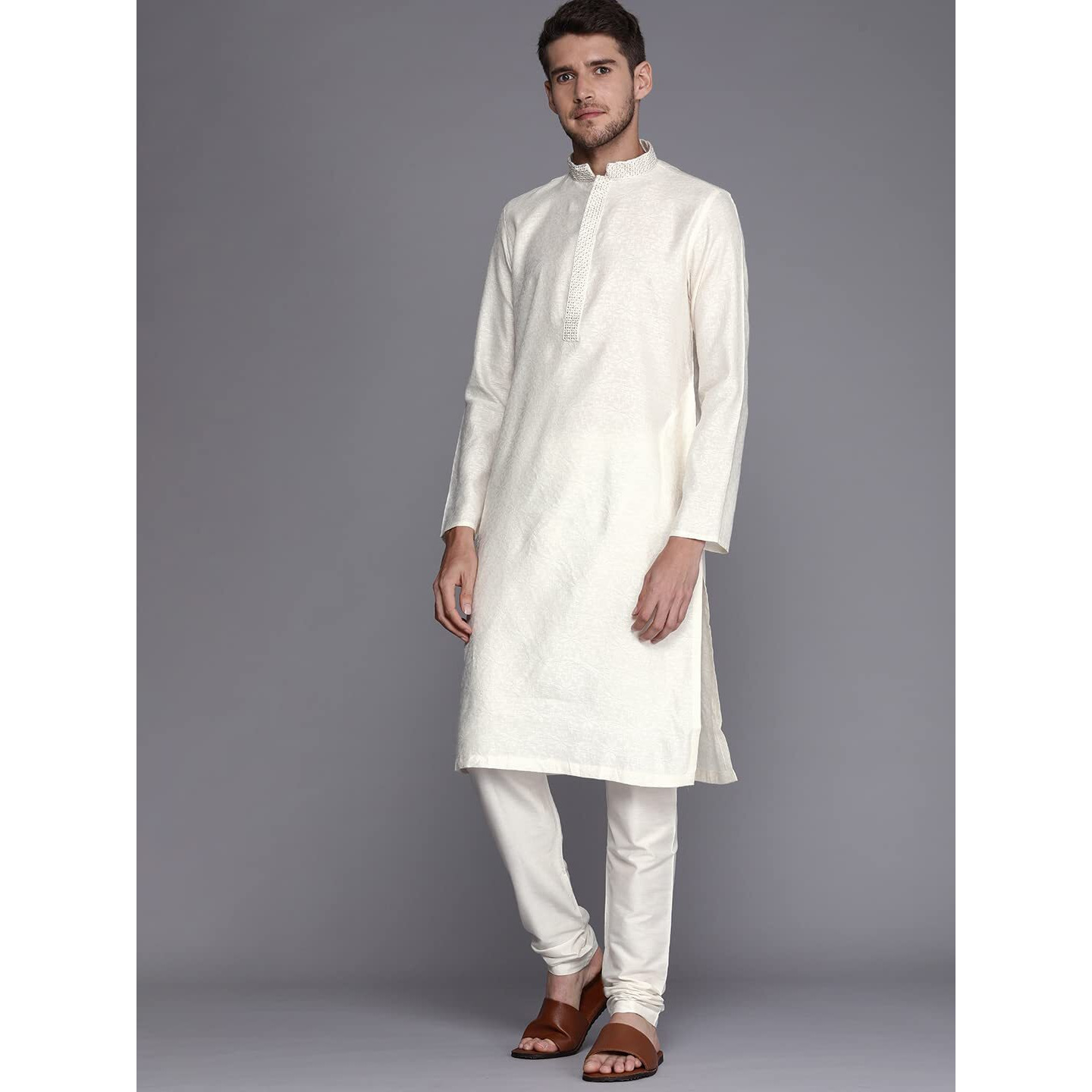Manyavar Kurta Set for Men, Full Sleeves Mandarin Collar Ethnic Kurta Set for Engagement, Wedding, Party Solid (Off White, M)