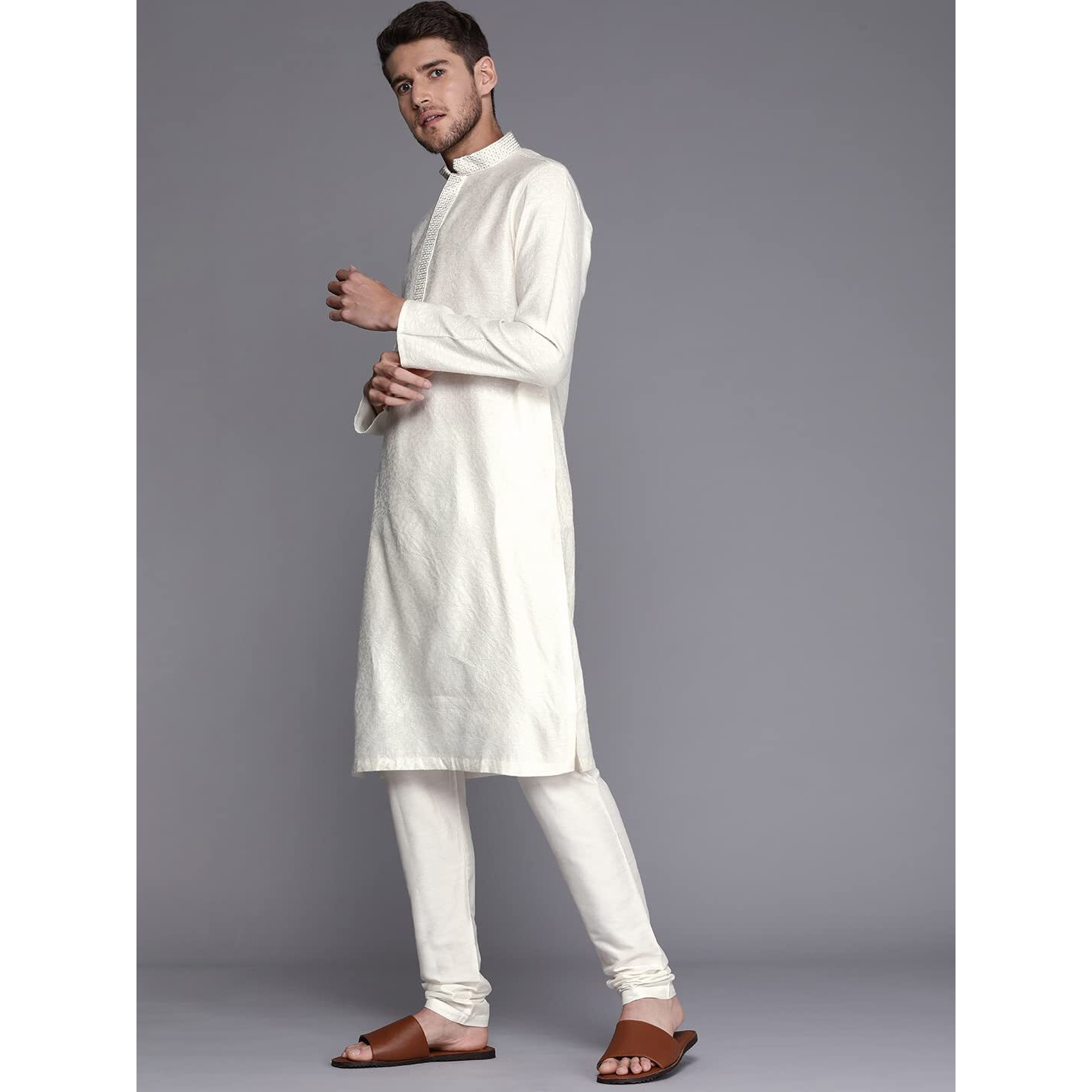 Manyavar Kurta Set for Men, Full Sleeves Mandarin Collar Ethnic Kurta Set for Engagement, Wedding, Party Solid (Off White, M)