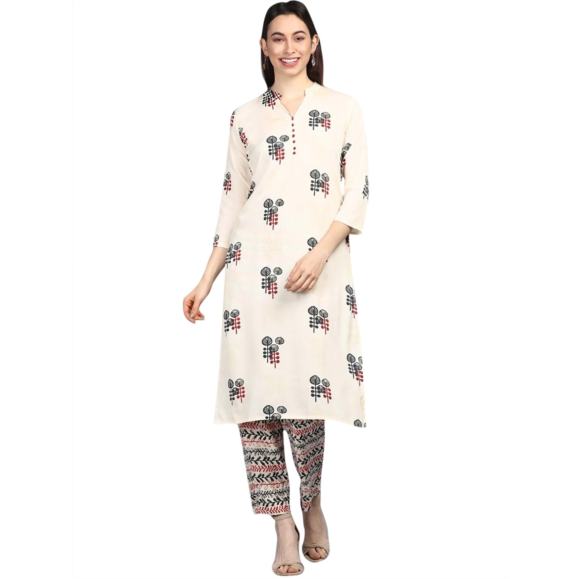 Vaamsi Women's Poly Crepe Ethnic Motifs Printed Straight Kurta Pant Set (PKSET1008_Off White_XL)