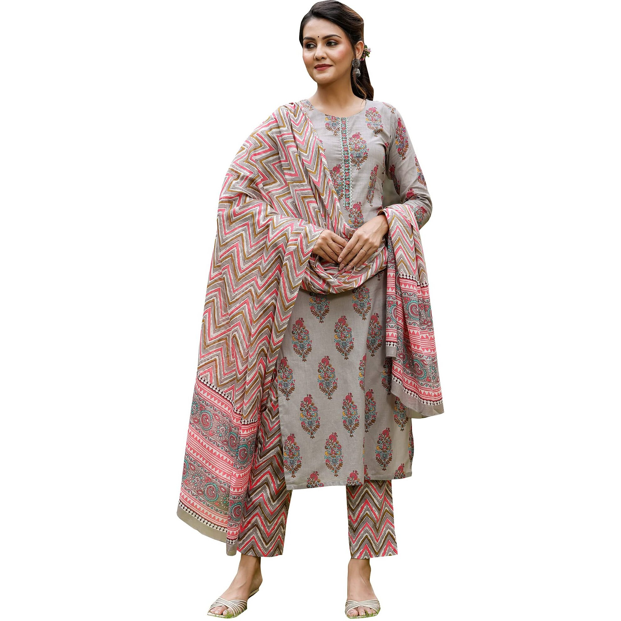 Vaamsi Women's Floral Block Printed Straight Kurta Pant With Dupatta (VKSKD1134_S_Grey)