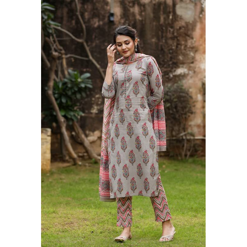 Vaamsi Women's Floral Block Printed Straight Kurta Pant With Dupatta (VKSKD1134_S_Grey)