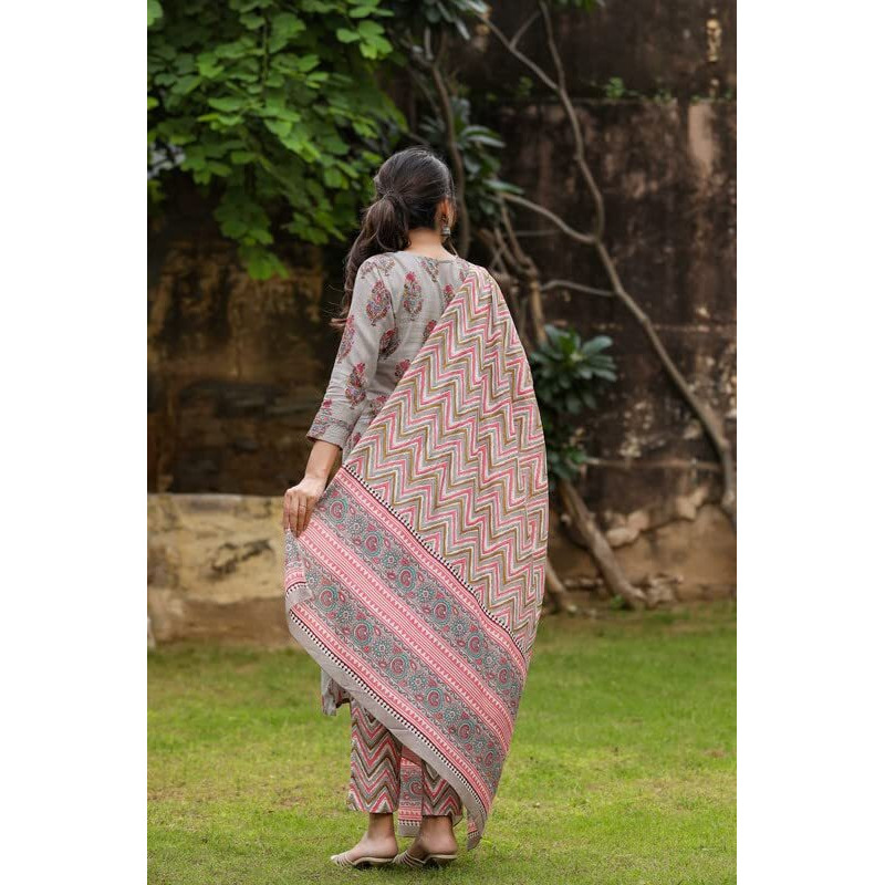 Vaamsi Women's Floral Block Printed Straight Kurta Pant With Dupatta (VKSKD1134_S_Grey)