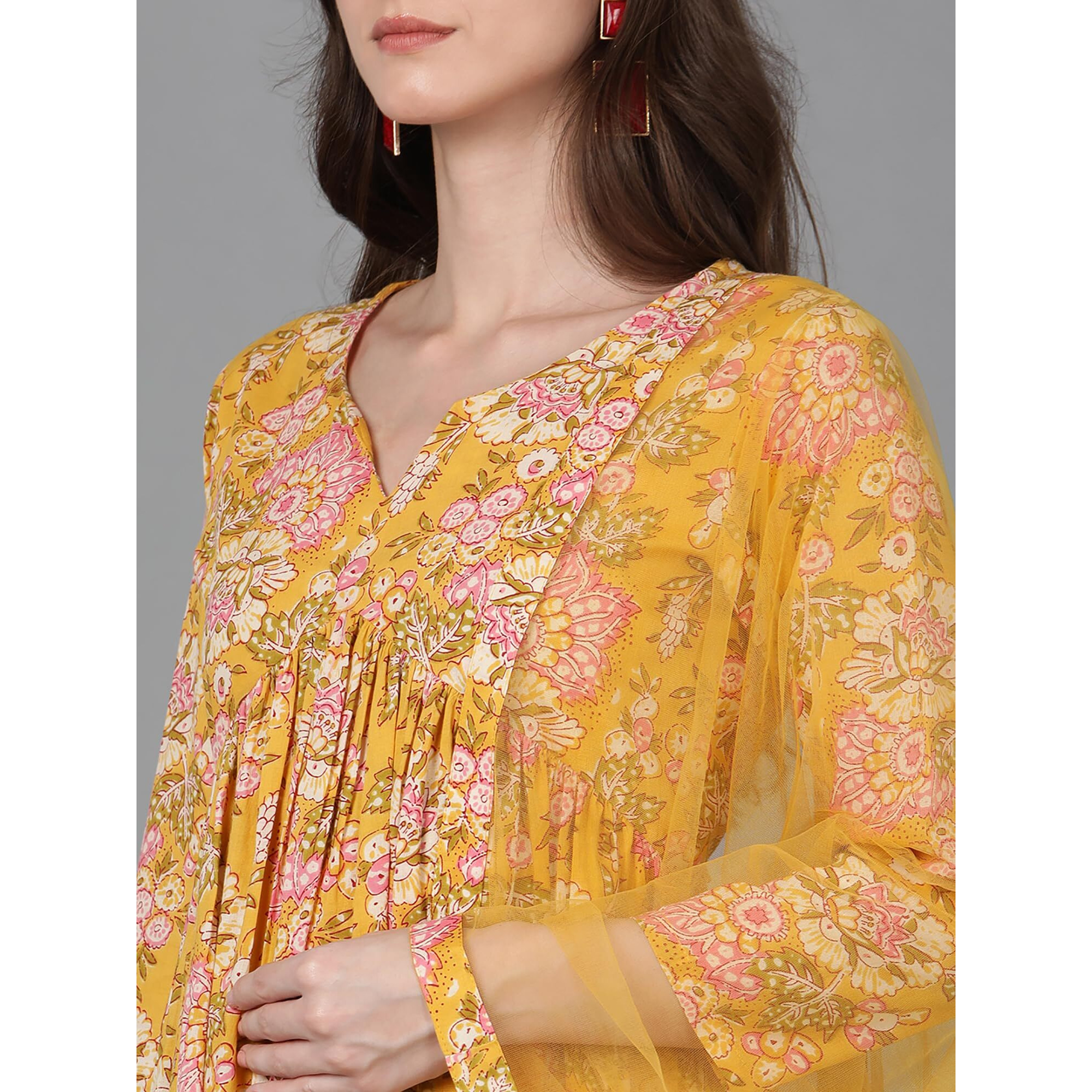 Vaamsi Women's Floral Printed Kurta Palazzos With Dupatta (VKSKD1622_XXL_Yellow)