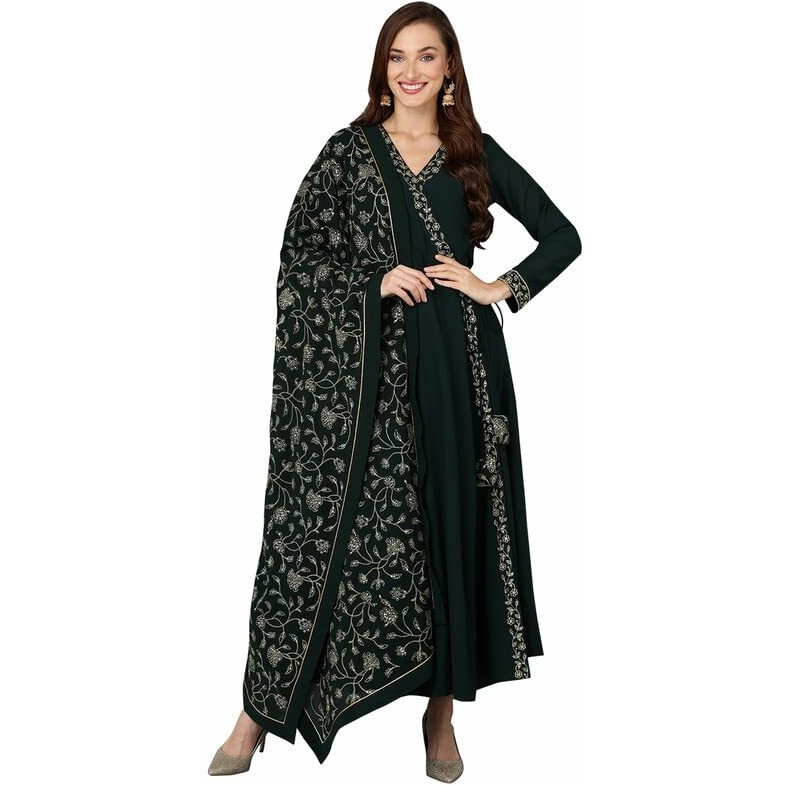 Vaamsi Women's Poly Georgette Embroidered Flared Angrakha Pant With Dupatta (PKSKD1912_Green_S)