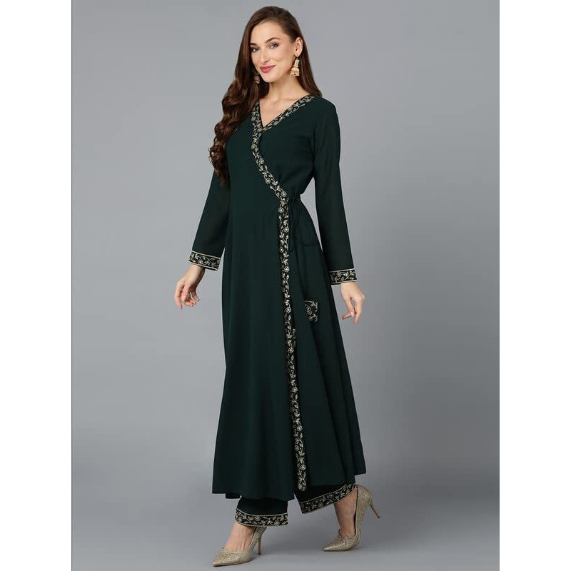Vaamsi Women's Poly Georgette Embroidered Flared Angrakha Pant With Dupatta (PKSKD1912_Green_S)