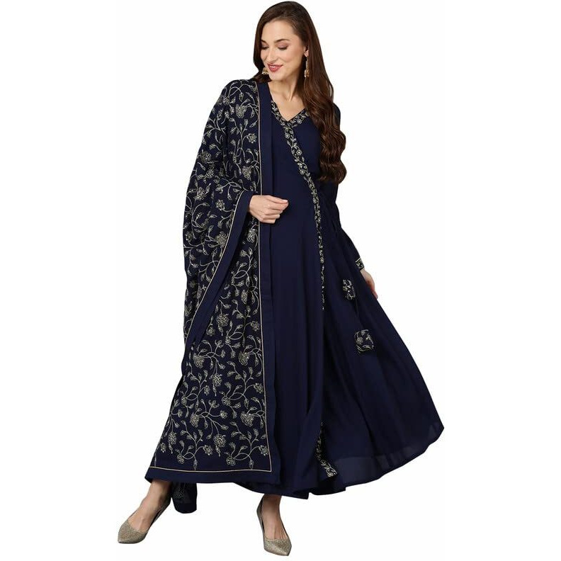 Vaamsi Women's Poly Georgette Solid Embroidered A-Line Kurta Set With Dupatta (PKSKD1910_Navy Blue_3XL)
