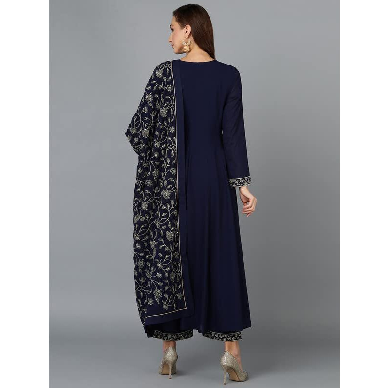 Vaamsi Women's Poly Georgette Solid Embroidered A-Line Kurta Set With Dupatta (PKSKD1910_Navy Blue_3XL)