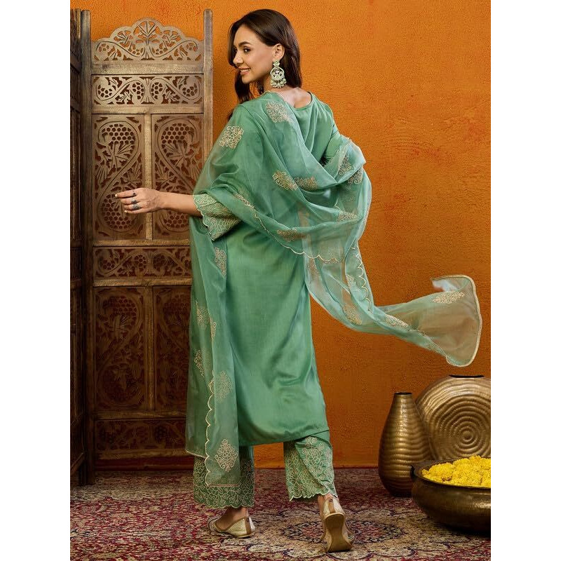 Vaamsi Women's Silk Blend Solid Embroidered Straight Kurta Palazzo With Dupatta (PKSKD1845_Green_XL)