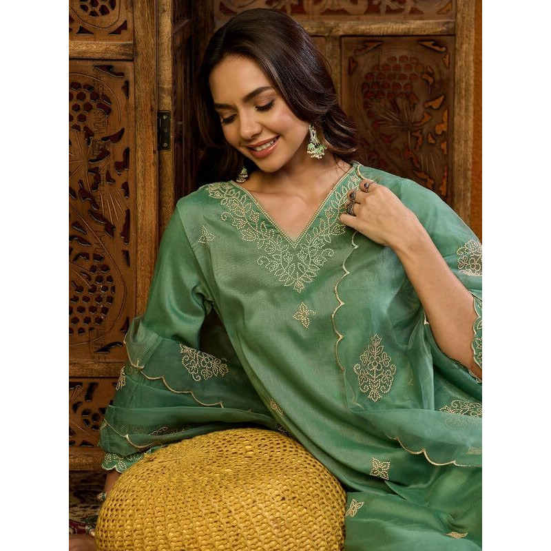 Vaamsi Women's Silk Blend Solid Embroidered Straight Kurta Palazzo With Dupatta (PKSKD1845_Green_XL)