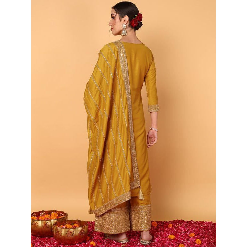 Vaamsi Women's Silk Blend Yoke Design Embroidered Straight Kurta Palazzo With Dupatta (PKSKD2099_Mustard_4XL)
