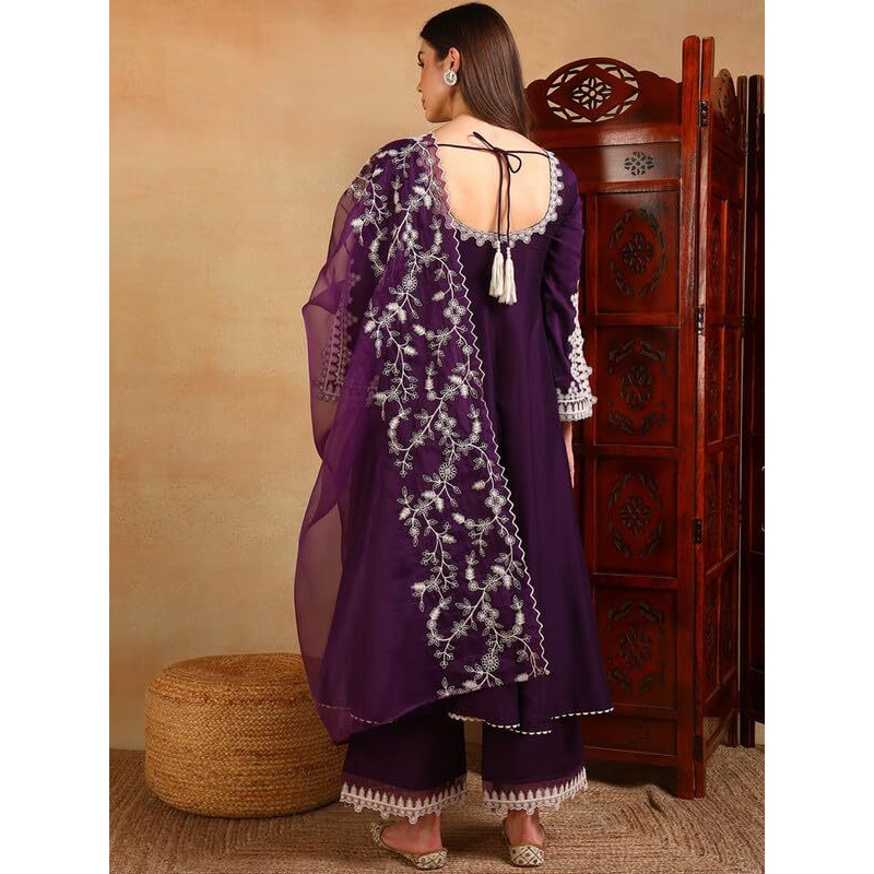 Vaamsi Women's Silk Blend Solid Embroidered Anarkali Kurta Pant with Dupatta (PKSKD2209_Purple_4XL)