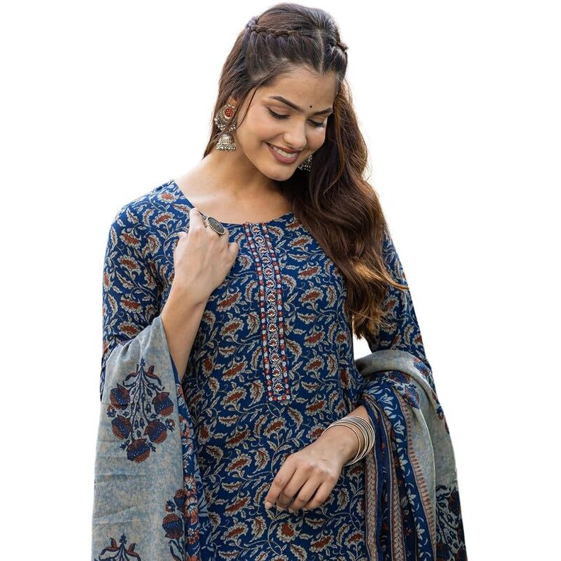 Vaamsi Women's Floral Printed Straight Kurta Pan With Dupatta (VKSKD2179_Blue_M)
