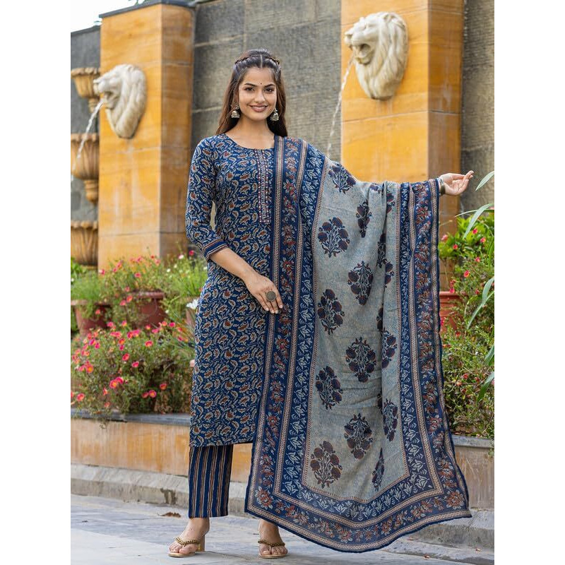 Vaamsi Women's Floral Printed Straight Kurta Pan With Dupatta (VKSKD2179_Blue_M)