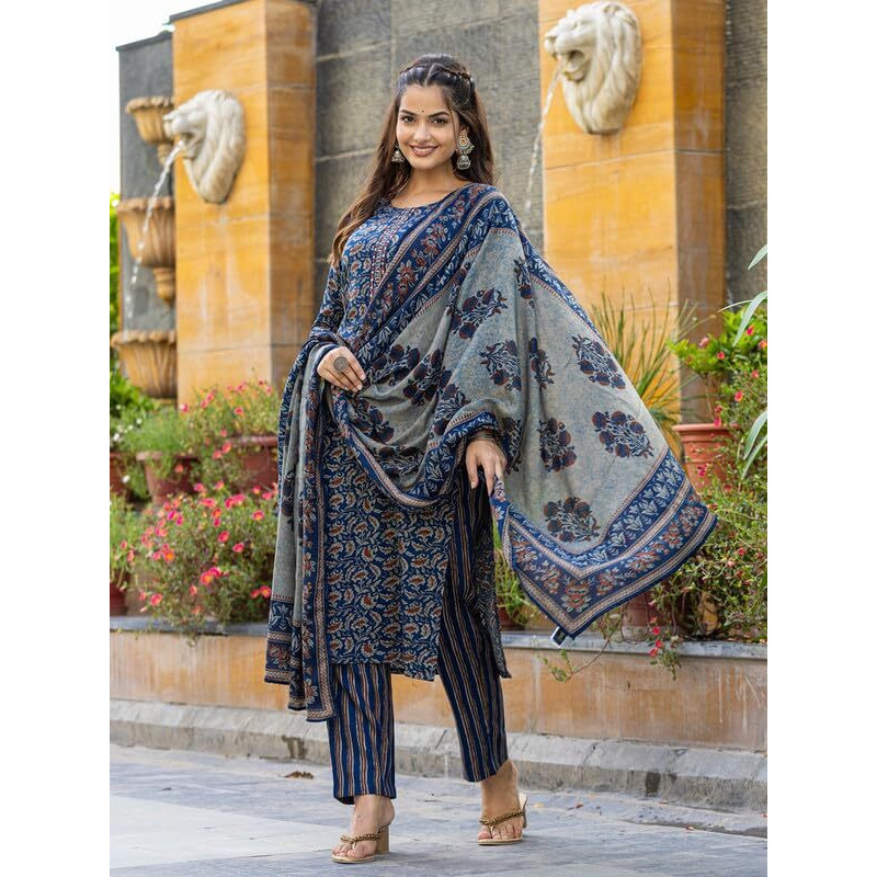 Vaamsi Women's Floral Printed Straight Kurta Pan With Dupatta (VKSKD2179_Blue_M)