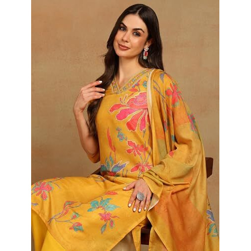 Vaamsi Women's Floral Printed Straight Kurta Pant with Dupatta (PKSKD2416_3XL_Yellow)