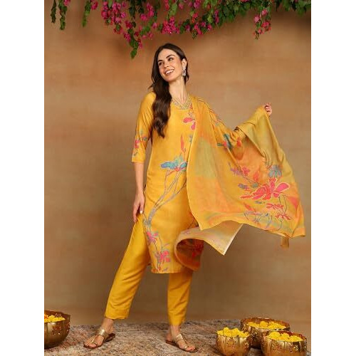 Vaamsi Women's Floral Printed Straight Kurta Pant with Dupatta (PKSKD2416_3XL_Yellow)